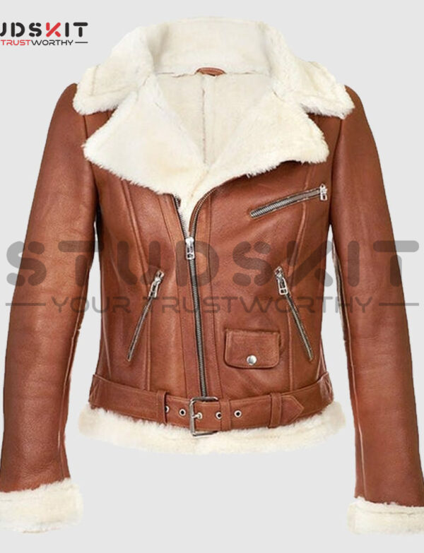 B3 Bomber Aviator Brown Leather Jacket, Shearling Sheepskin Motorcycle Women Leather Jacket With Faux Fur