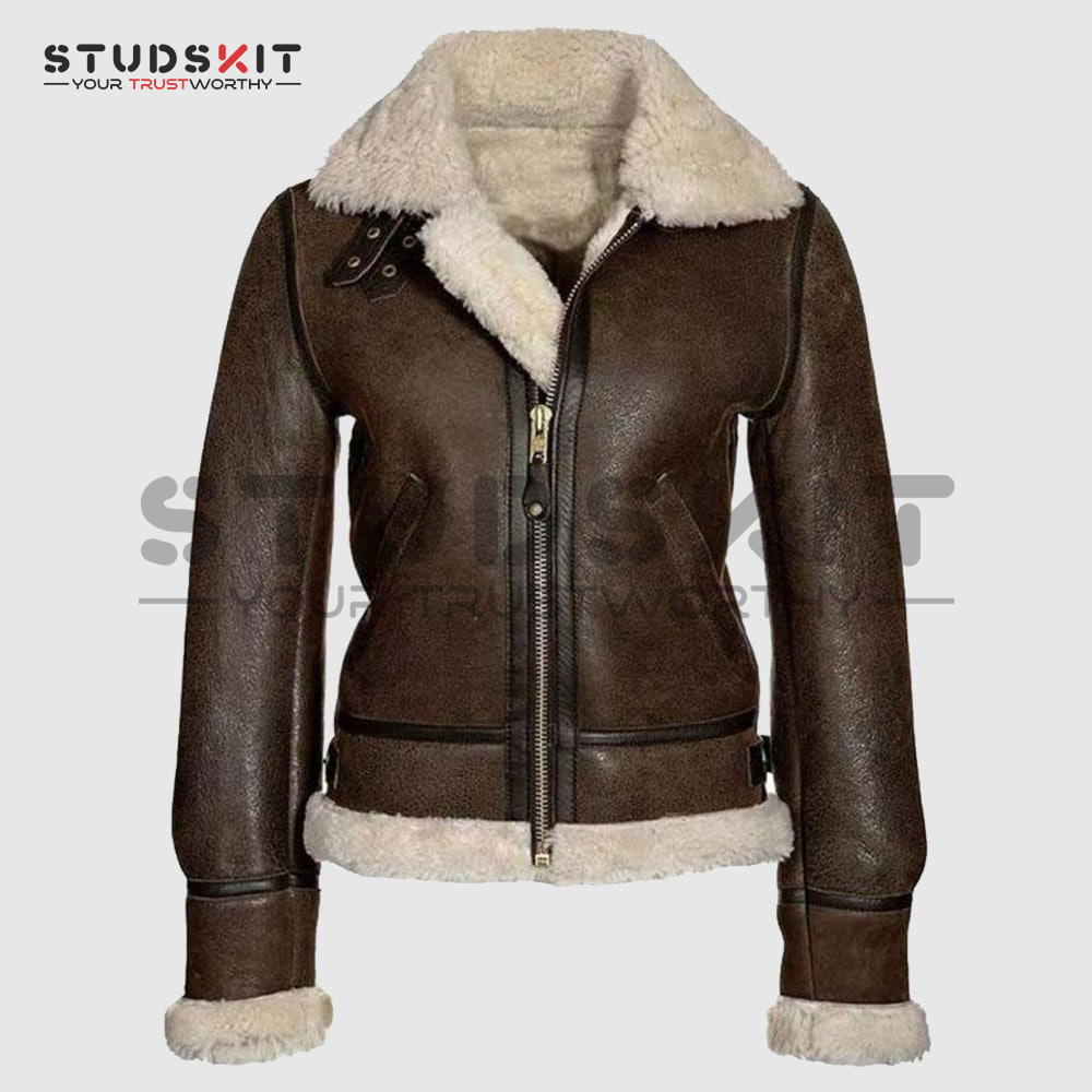 B3 Bomber Distressed Brown Aviator, Shearling Sheepskin Motorcycle Women Leather Jacket With Faux Fur