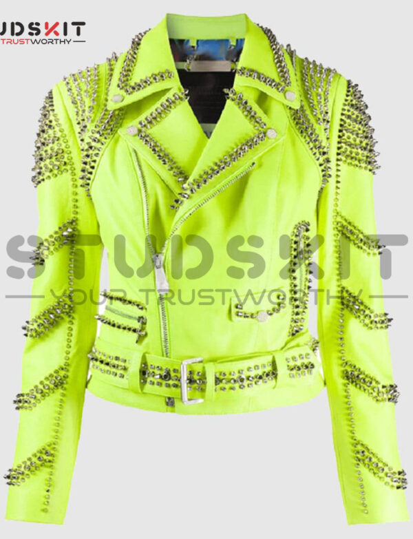 Brando Green Spiked Leather Lapel Fastener Women Studded Jacket
