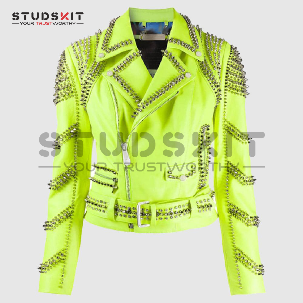 Brando Green Spiked Leather Lapel Fastener Women Studded Jacket