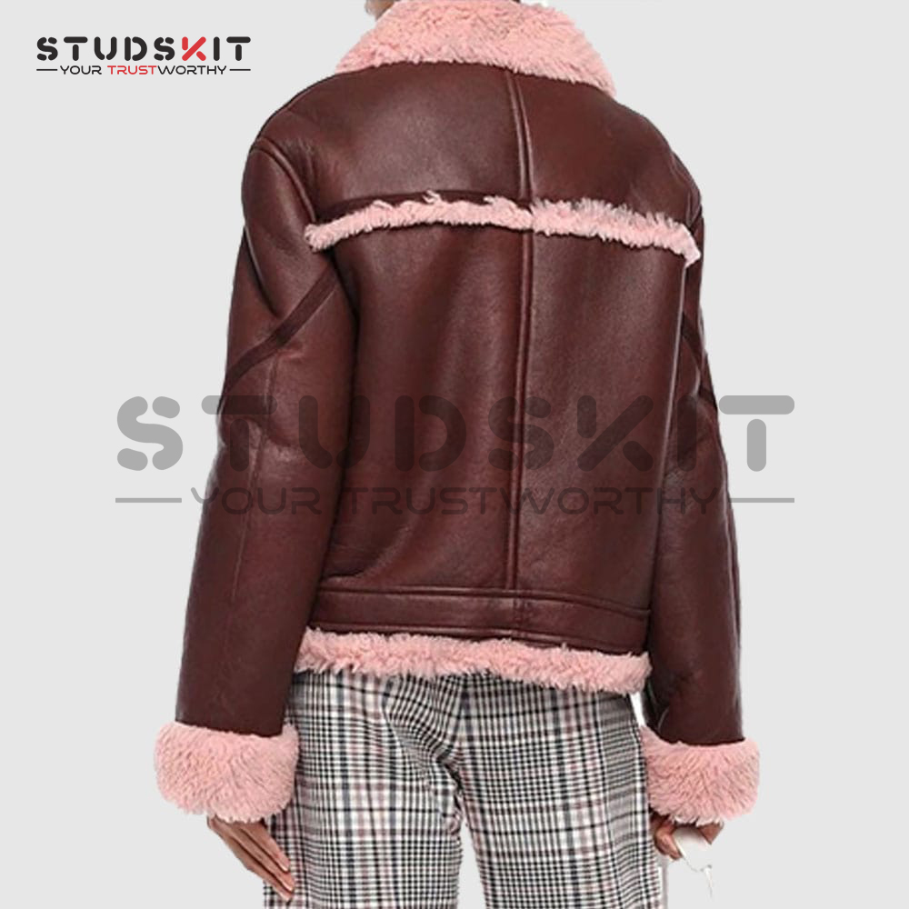 Burgundy Shearling Lined Leather Fur Jacket