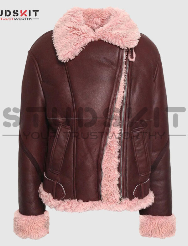 Burgundy Shearling Lined Leather Fur Jacket