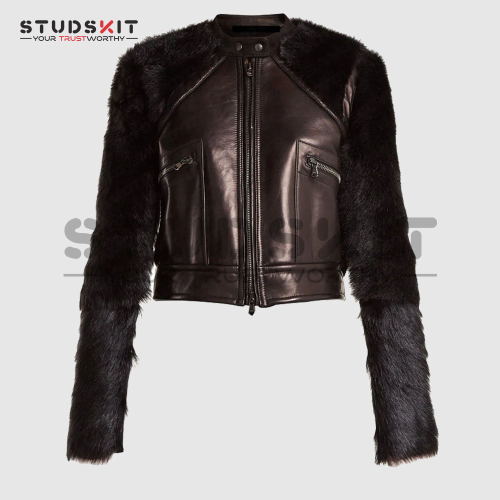 Contrast-Sleeve Leather & Shearling Biker Jacket