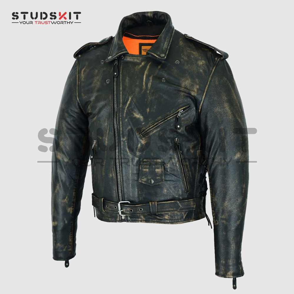 Distressed Men’s Brown Motorcycle Leather Jacket with Gun Pockets