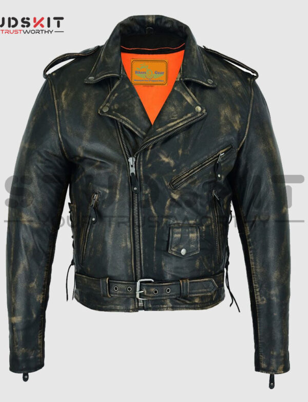 Distressed Men’s Brown Motorcycle Leather Jacket with Gun Pockets