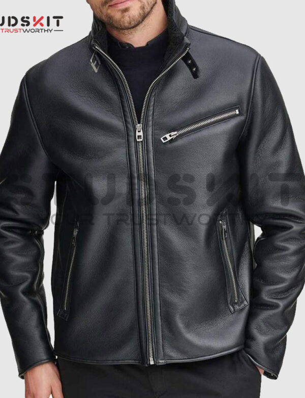 Genuine Black Leather Jacket With Faux Shearling
