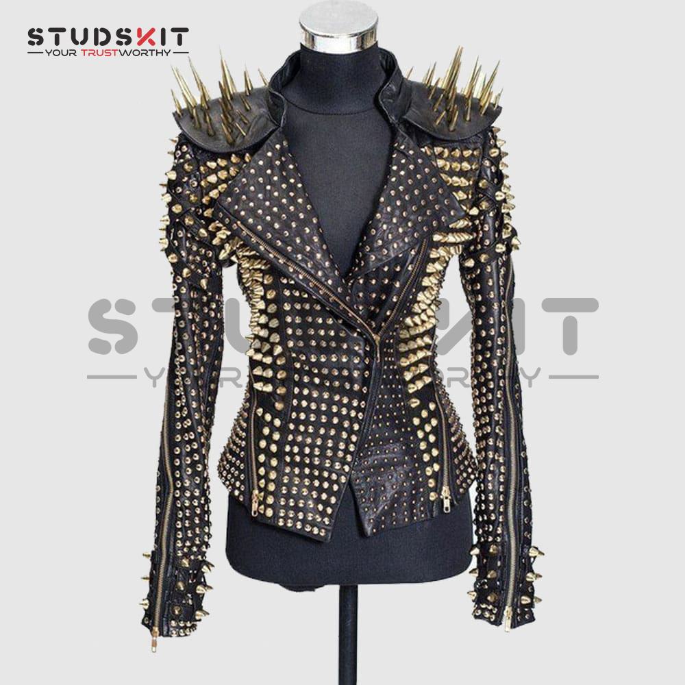 Gold Spiked Punk Style Heavy Metal Real Leather Biker Cocktail Jacket
