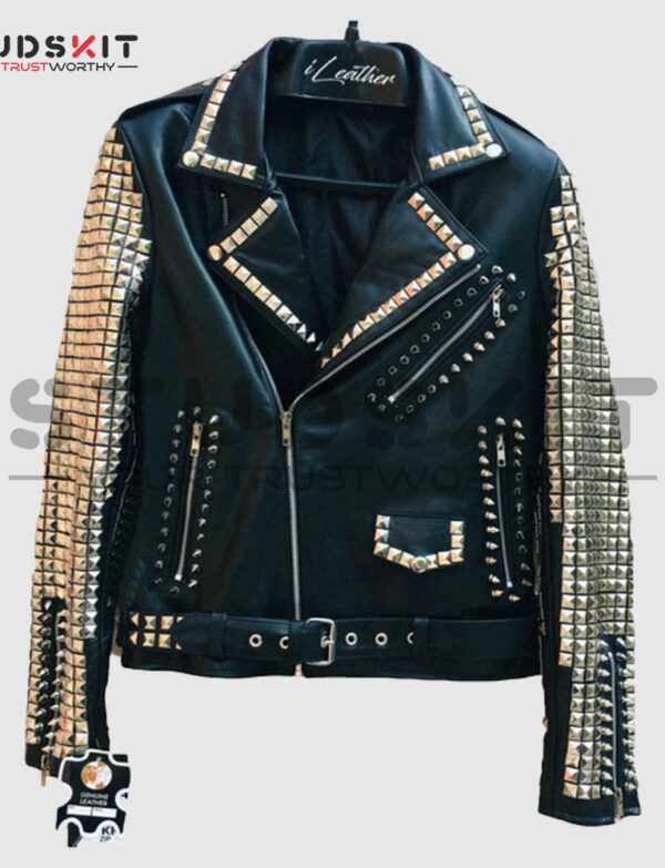 Handmade Black Color Women Silver Metal Studded Punk Leather Jacket