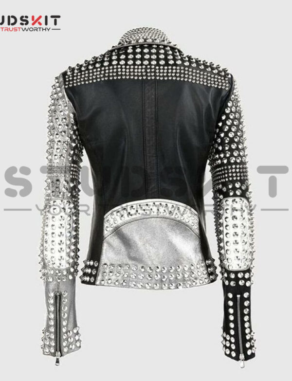 Ladies Brando Silver Black Cone Studded Leather Zippered Gothic Jacket