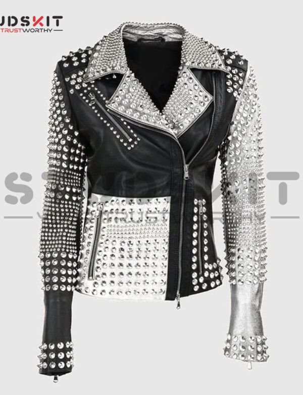 Ladies Brando Silver Black Cone Studded Leather Zippered Gothic Jacket