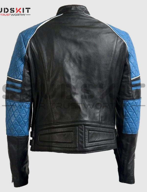 Men Blue Black Motorbike Leather Jacket Slim Fit Leather Jacket