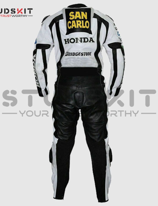 Men Honda San Carlo White Racing Motorcycle Leather Suit Jacket Pant Handmade