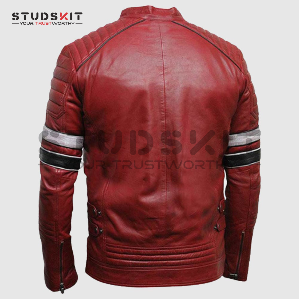 Men Red Leather Biker Fashion Jacket With Stripes Mens Leather Apparel