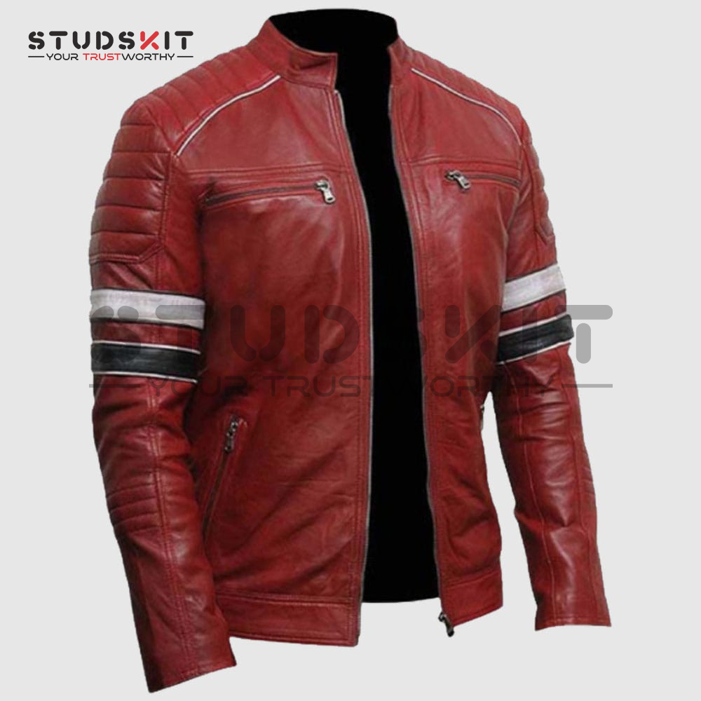 Men Red Leather Biker Fashion Jacket With Stripes Mens Leather Apparel
