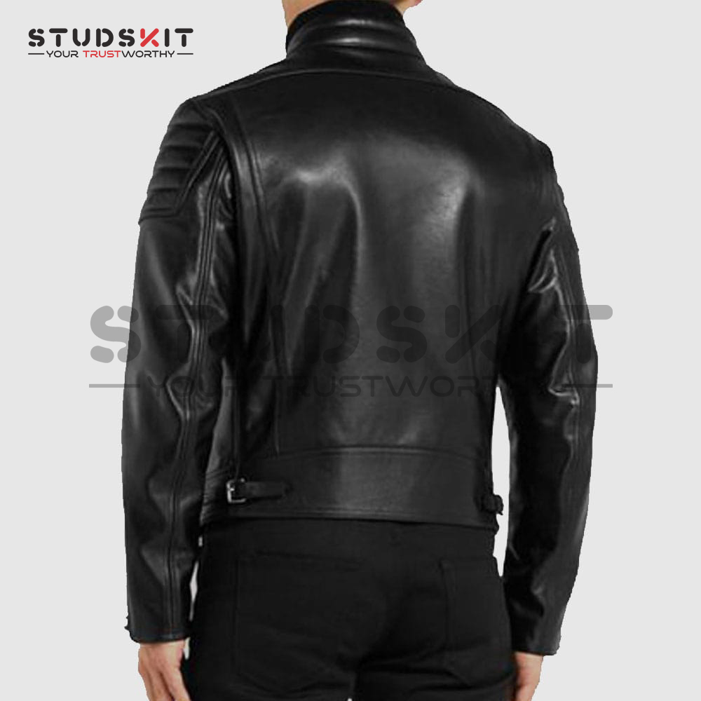 Men’s Black Padded Sleeves Motorcycle Leather Jacket