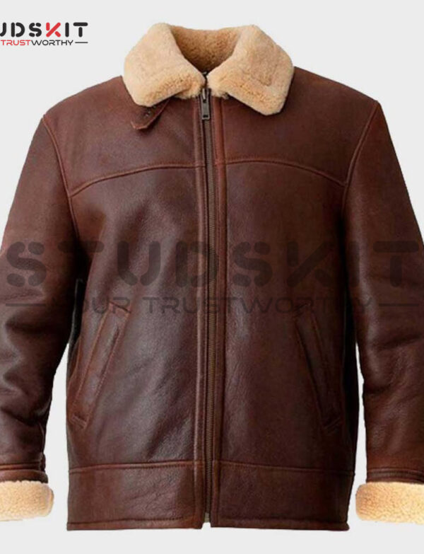 Mens Brown Aviator Shearling Leather Jacket Sheepskin Jacket