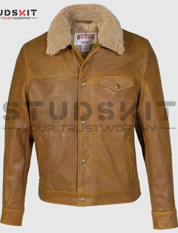 Men’s Buffalo Leather Trucker Jacket with Sheepskin Collar