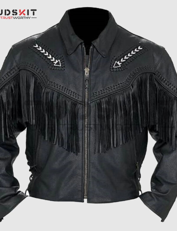 Men’s Fashion Western Style Arrow Real Leather Motorbike Jacket Black