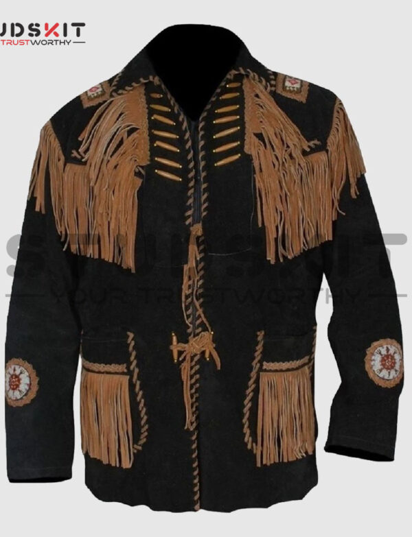 Men’s Western coat cowboy suede leather jacket with Fringes Black
