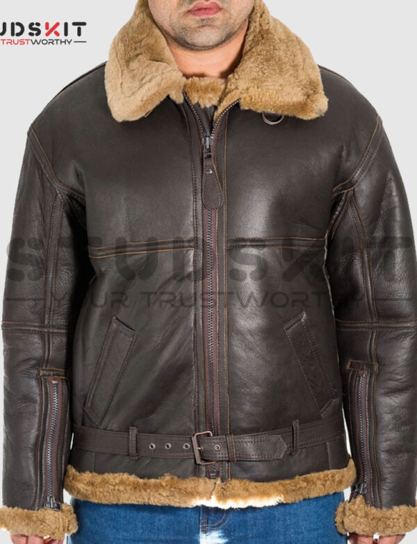 Mens brown leather aviator B3 ginger shearling sheepskin WW2 RAF flying jacket