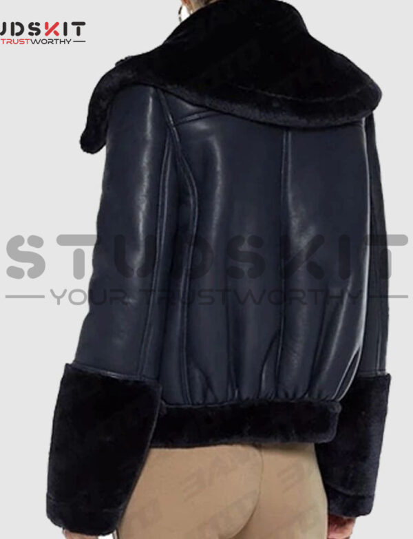 Navy Blue Lambskin Leather And Faux Fur Coat