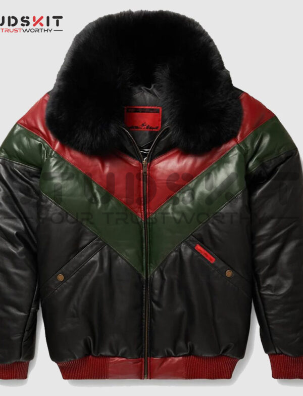 Red, Green And Black V-Bomber Leather Jacket
