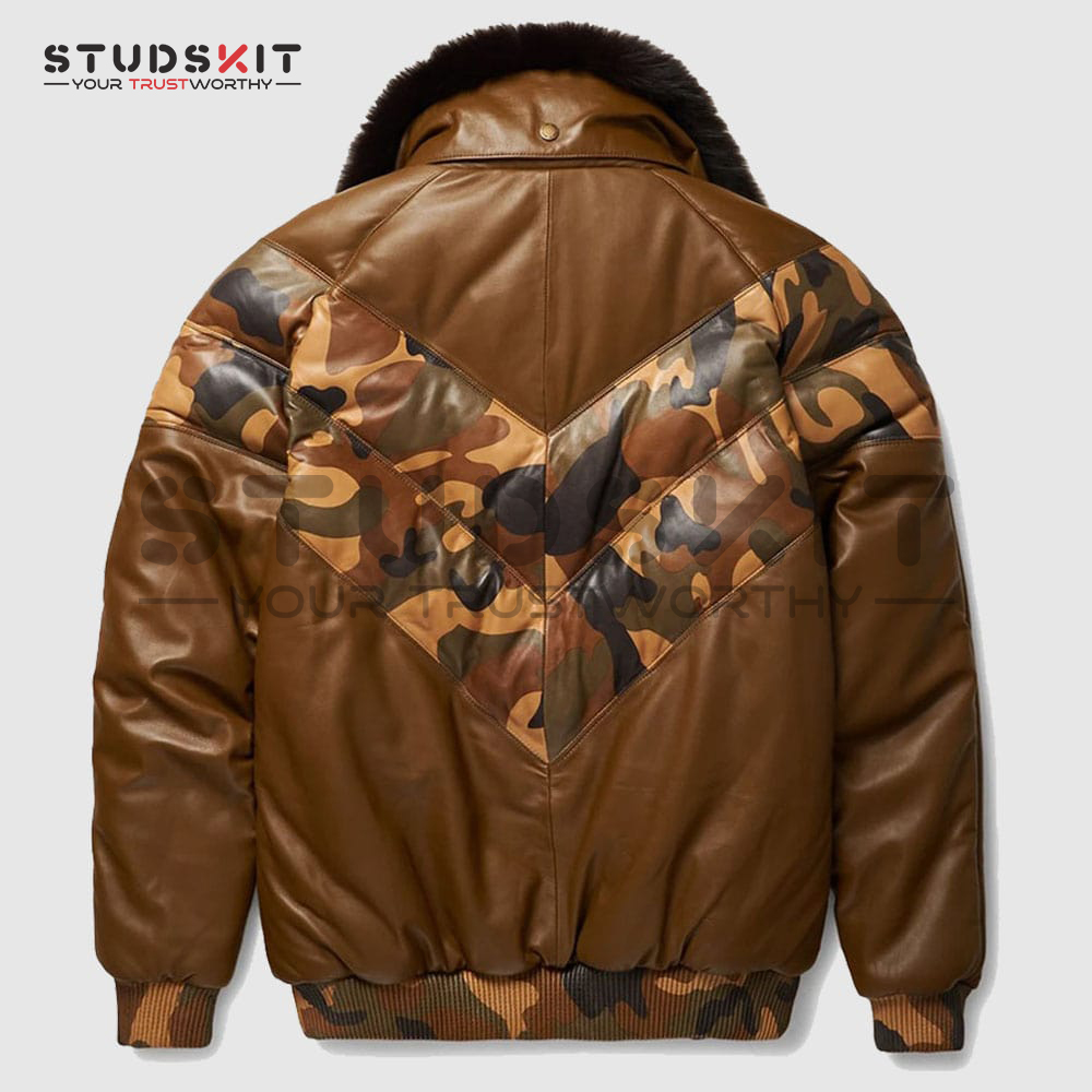 Stylish Color Brown V-Bomber Leather Jacket For Men