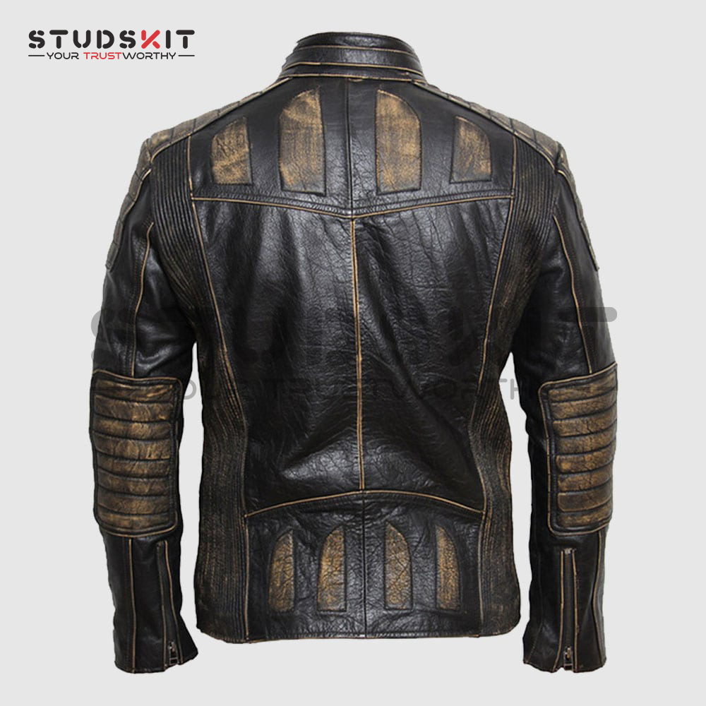 Vintage Retro Black Pleated Genuine Leather Motorcycle Jacket