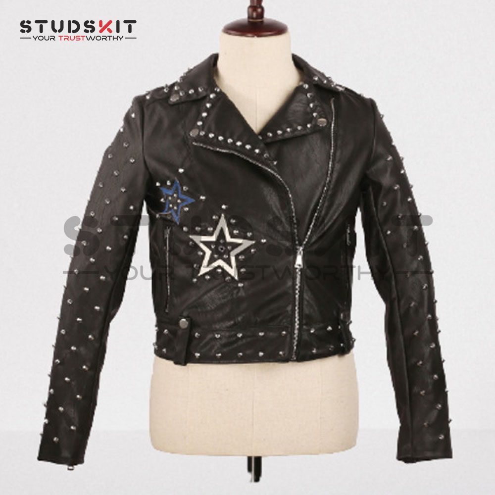 Women Black Leather Studded Jacket With Stars Studded Fashion Jacket