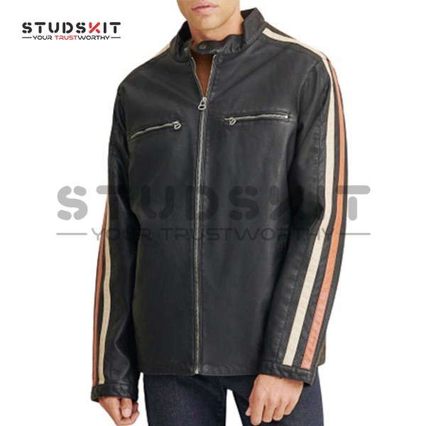 Black Mens Leather Motorcycle Jacket With Stripe