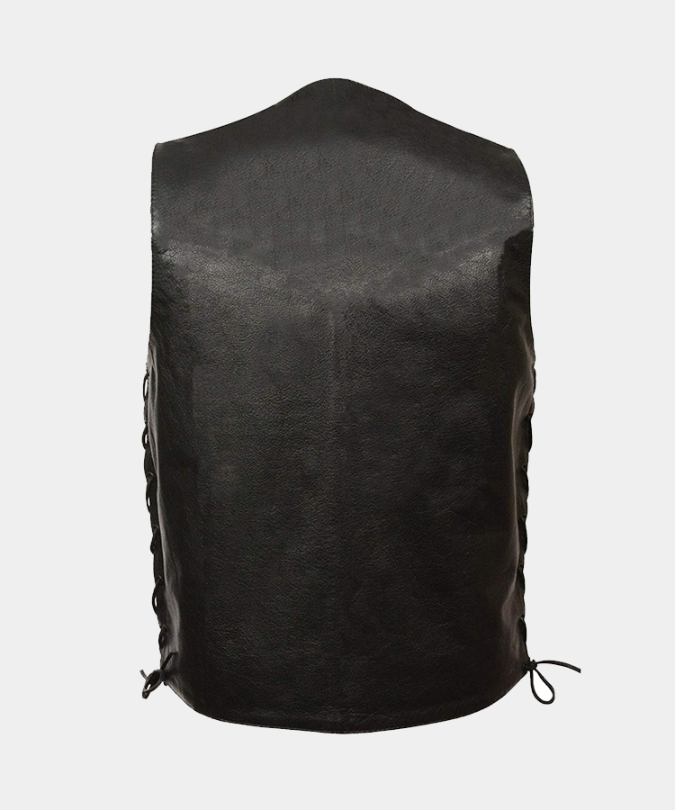 BLACK-Men’s concealed carry single back panel classic biker leather vest