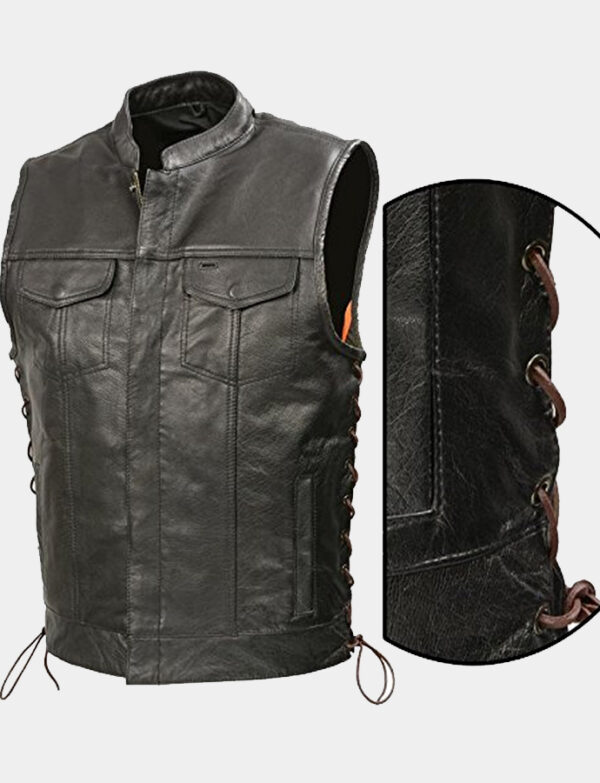 Men’s Leather Club Style Vest Brown Side Lace, Concealed Gun Pockets