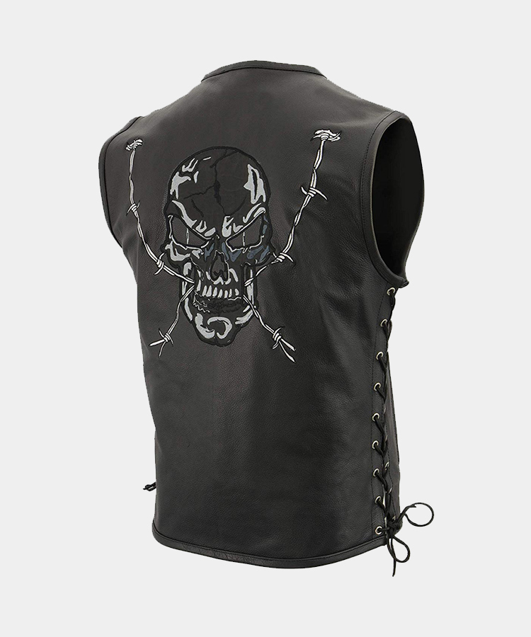 Men’s Zipper Front Side Lace Leather Vest w-Reflective Skulls