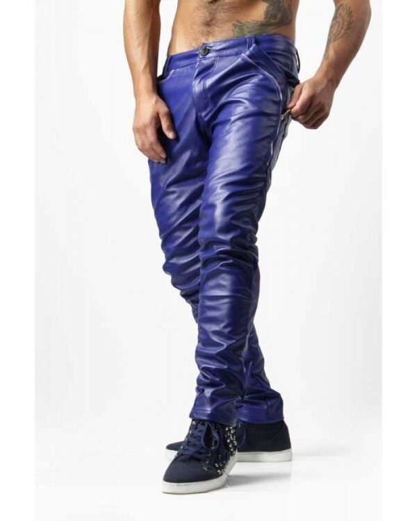 Guys Skinny Electric Blue Genuine Leather Trousers Pants
