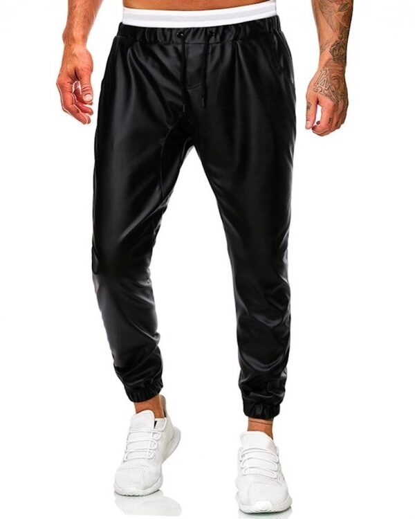 Men Casual Simple Black Leather Hombre Streetwear Joggers Pants