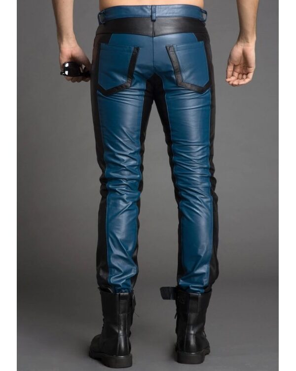 Men Fashion Contrast Color Genuine Black and Blue Leather Pants
