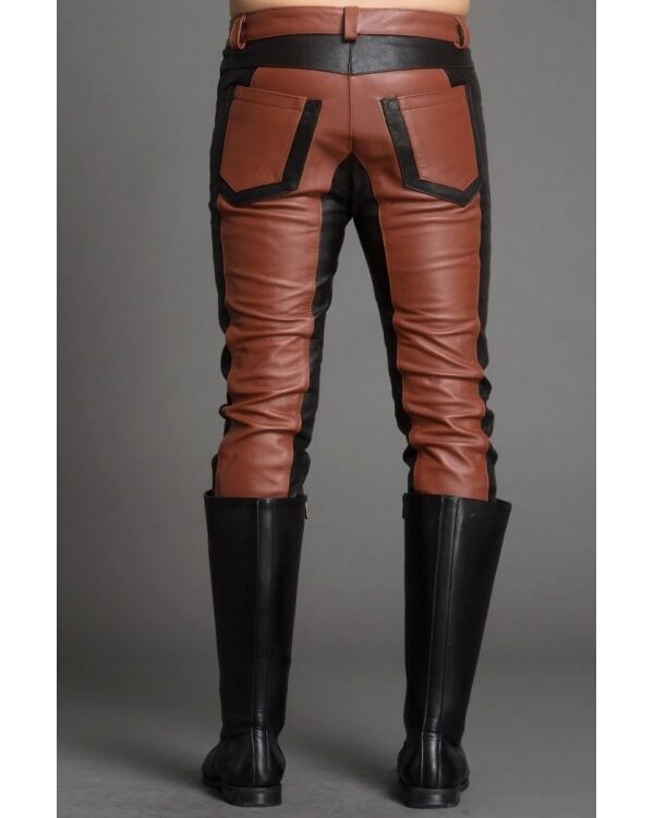Men Fashion Contrast Color Genuine Black and Brown Leather Pants