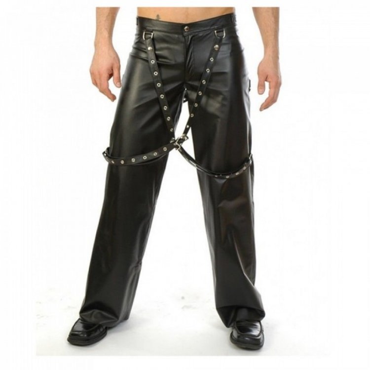 Men Gothic Black Genuine Leather Biker Suspender Buckle Bondage Pant