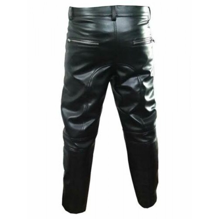 Men Motorcycle Real Black Leather Bikers Jeans Trousers Pants