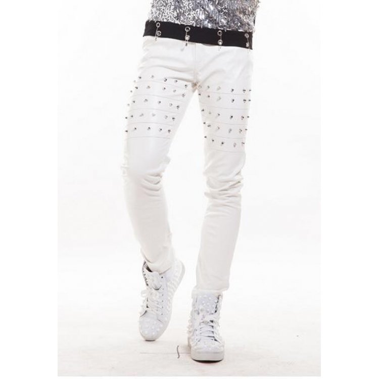 Men Singer Nightclubs Pure White Leather Trousers Pants
