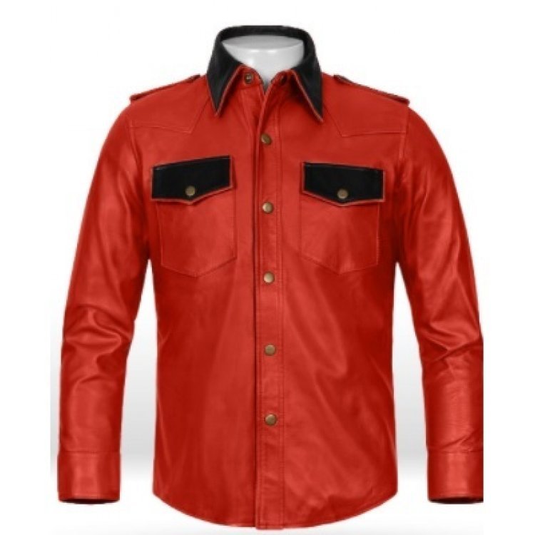 Mens Classic Real Sheepskin Red & Black Leather Shirt