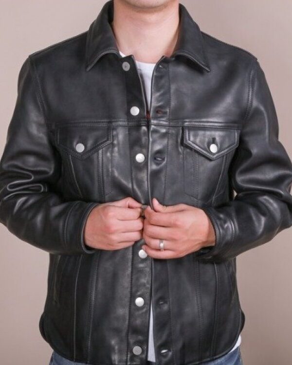 Mens Dude Look Real Sheepskin Black Leather Shirt