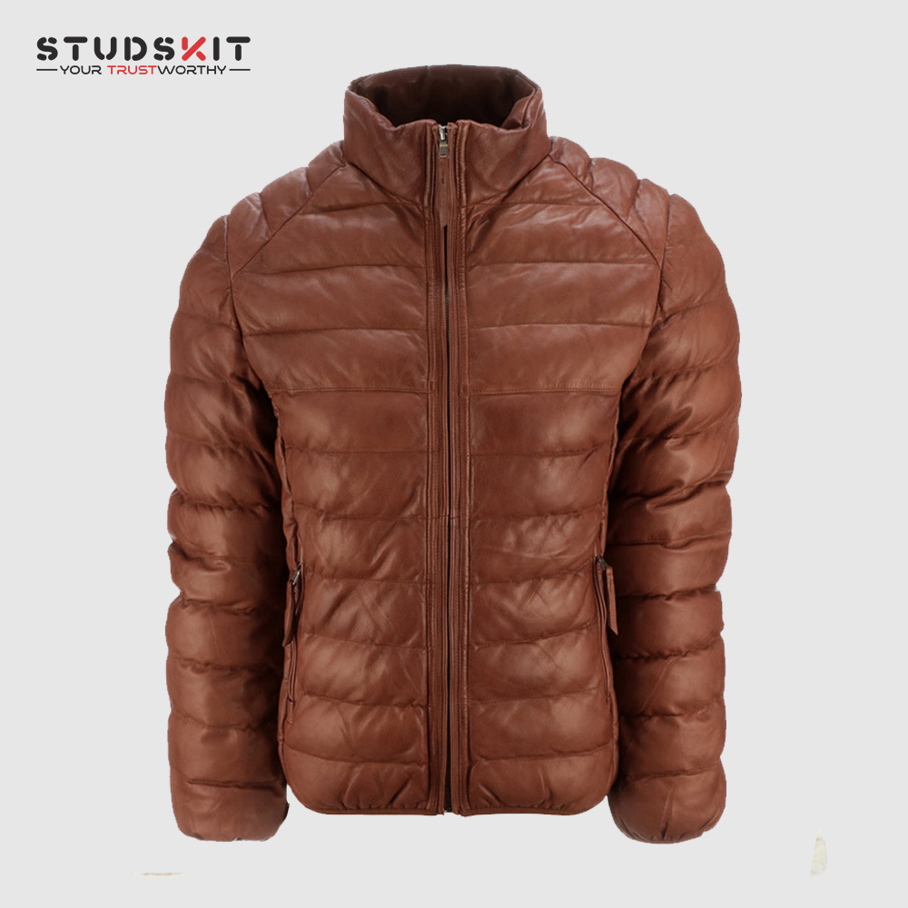 Brown Leather Puffer Jacket