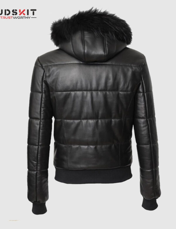 Black Hooded Puffer Leather Jacket