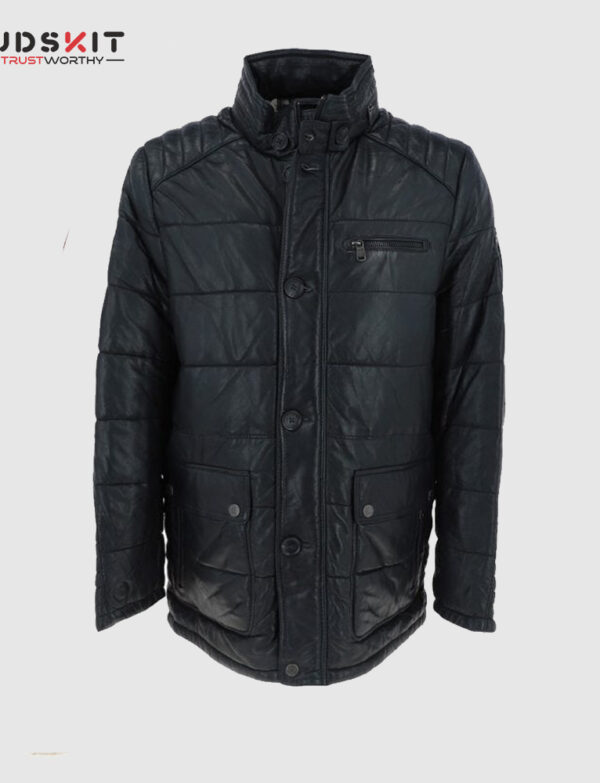 Black Leather Puffer Jacket For Men