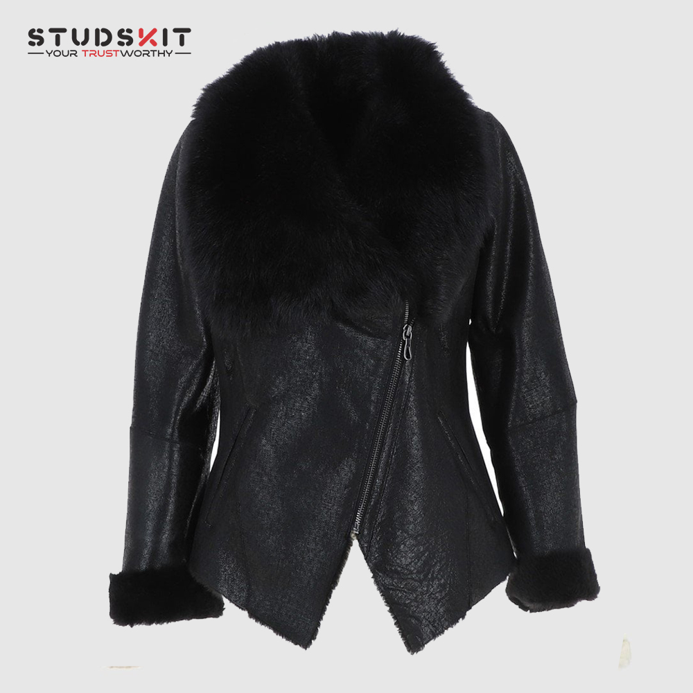 Black Stylish Shearling Leather Jacket For Women